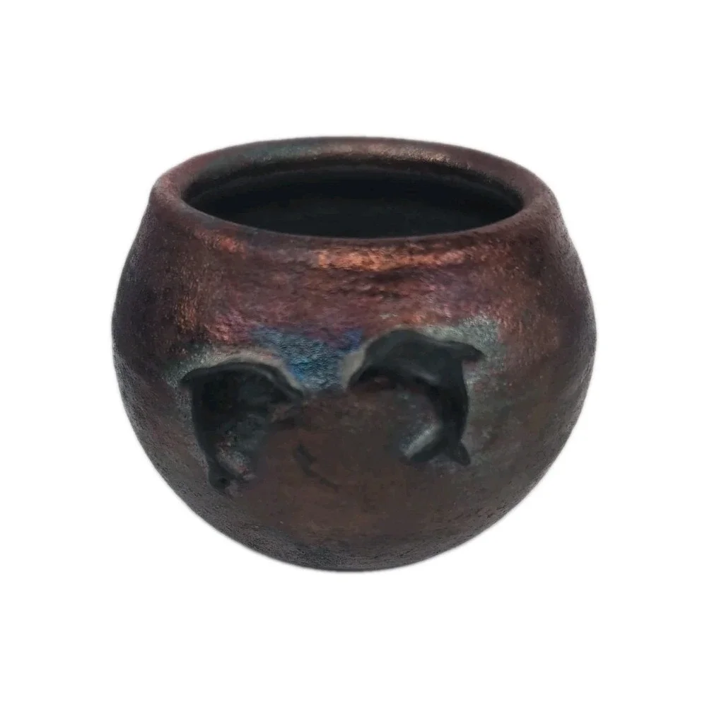 Raku Pottery Iridescent Vase W/ Dolphins, Artist Signed CAM  2.5
